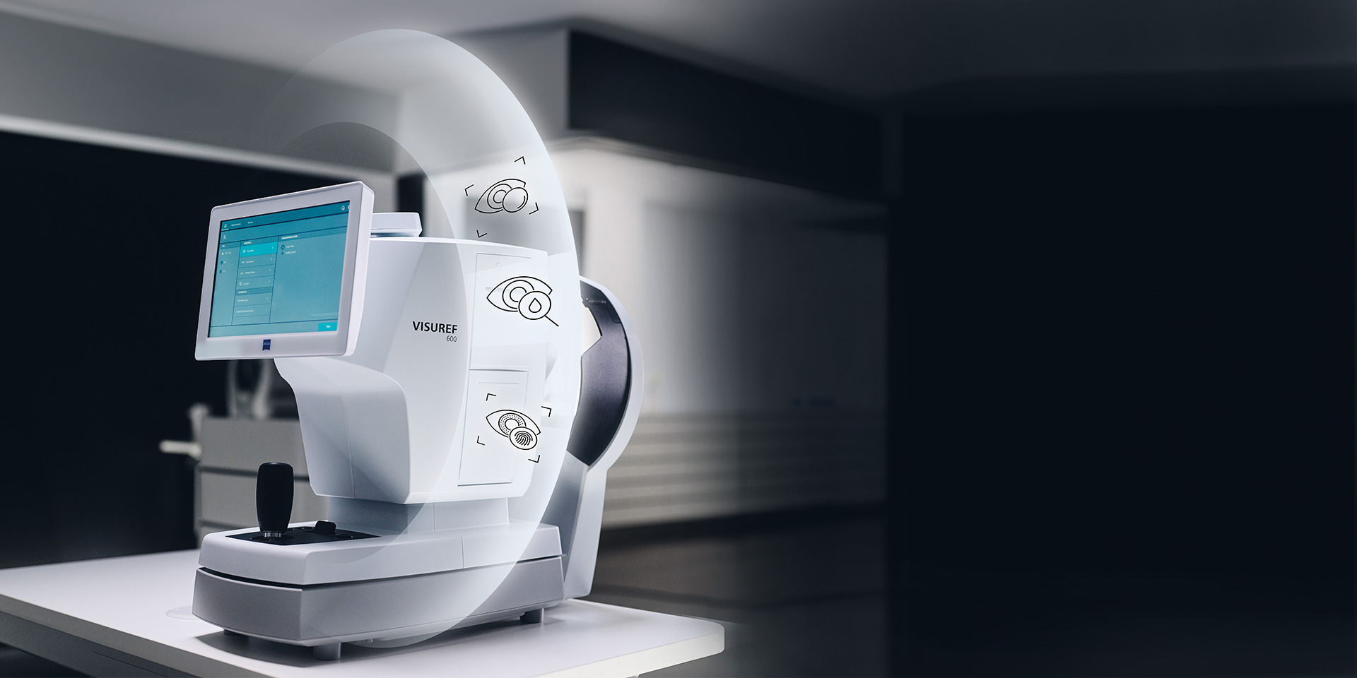 An image showing the ZEISS VISUREF 600 on a table with an illustration of a semi-transparent circle with icons around it.