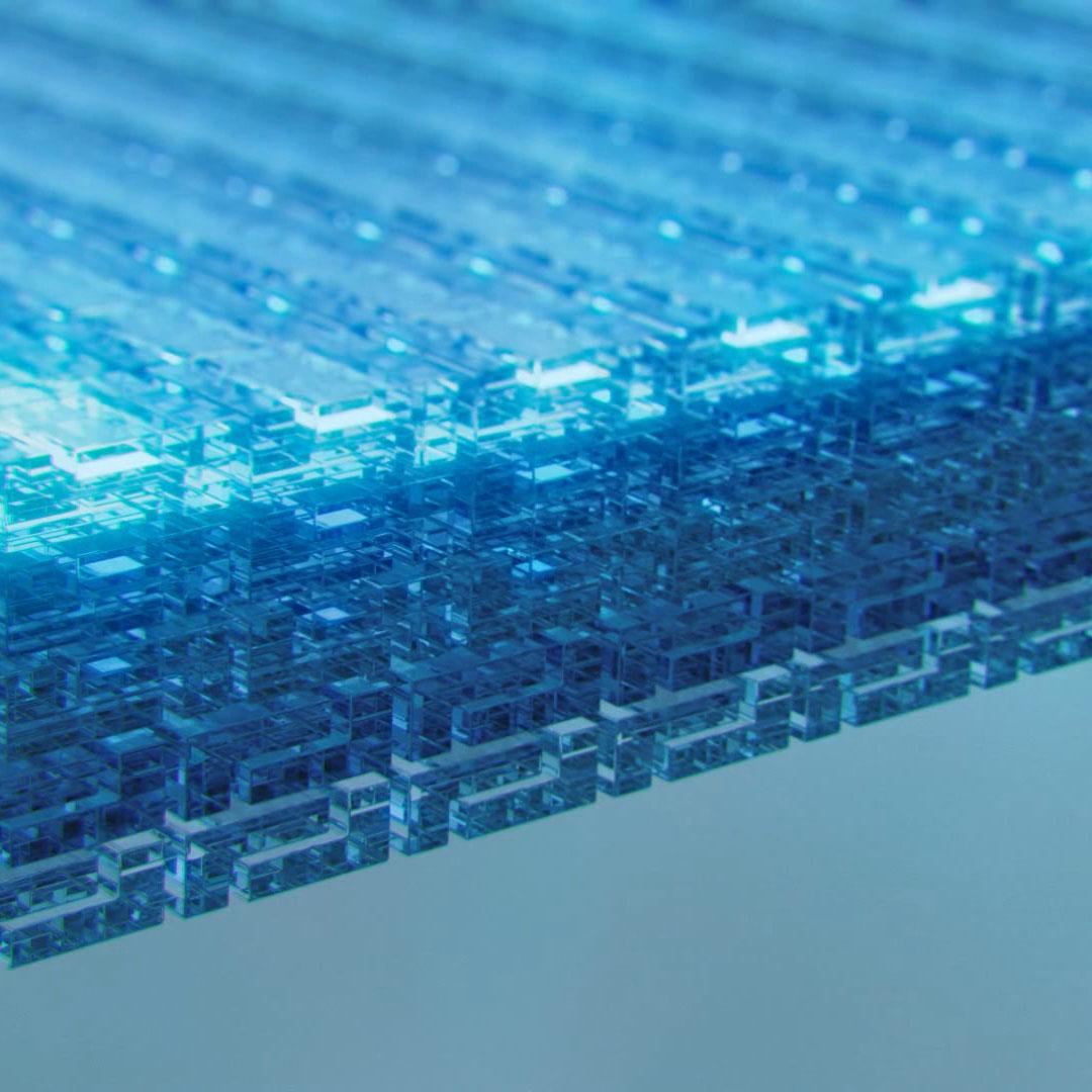 CGI of ultra-thin coating layers compressed thanks to the ion bombardment in ZEISS DuraVision coatings.