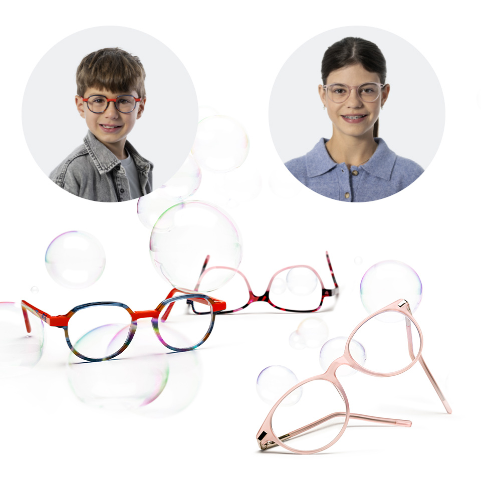 A portrait photograph of a young boy wearing glasses, with another portrait photograph of an older girl wearing glasses next to it. Below the two portrait shots are various eyeglass frames and lenses.