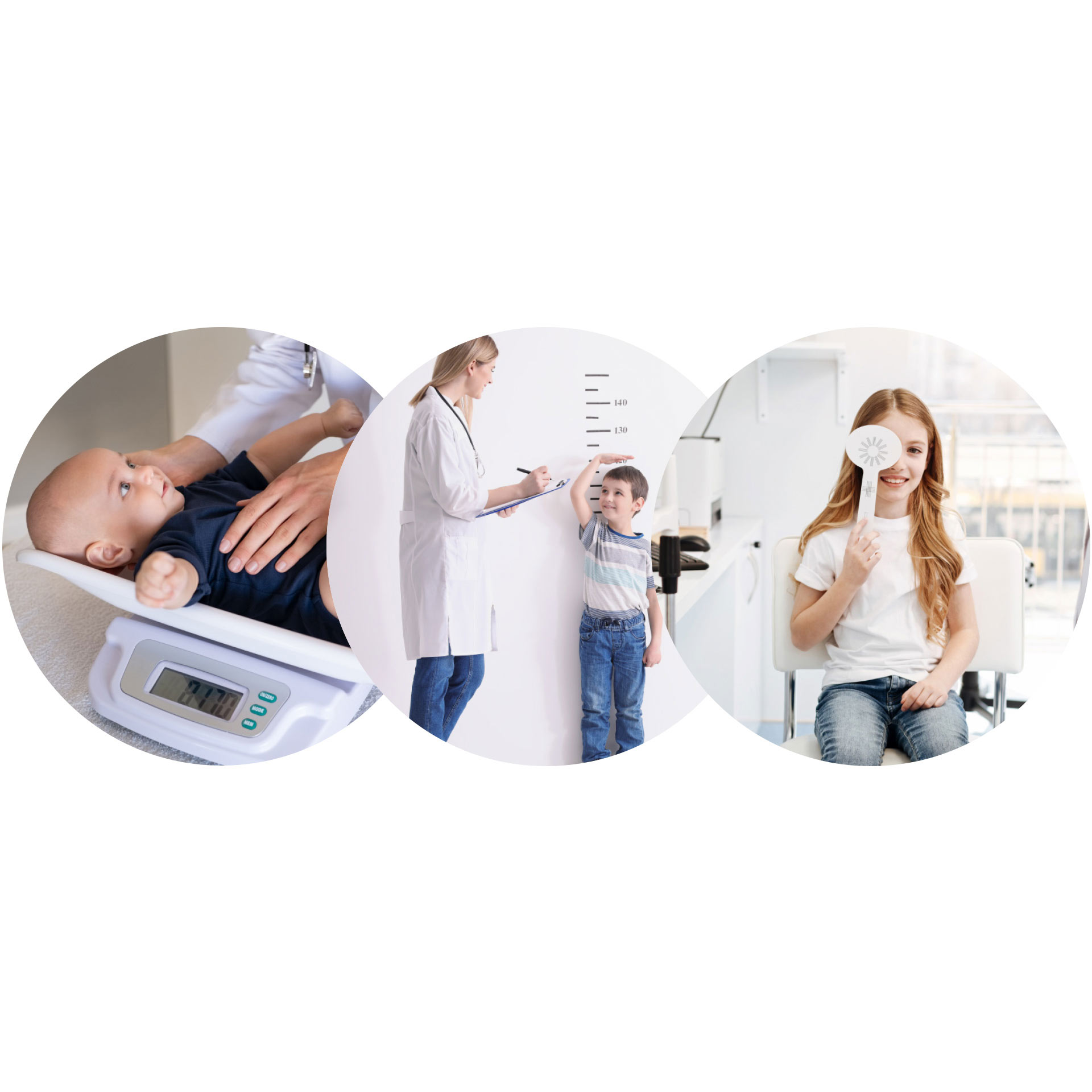 Three images depicting developmental milestones. On the left, a baby is placed on a scale by a healthcare practitioner; in the middle, a boy is measured against a length chart on the wall; and on the right, a girl is receiving an eye test.