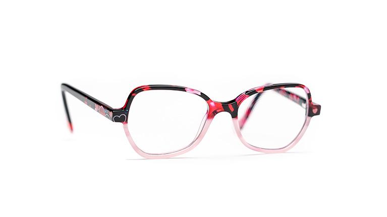 Kids eyeglass lenses with black, red and soft pink frame with hearts.