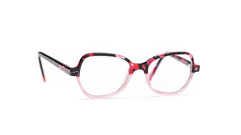 Kids&apos; eyeglass lenses with black, red, and soft-pink frame with hearts.