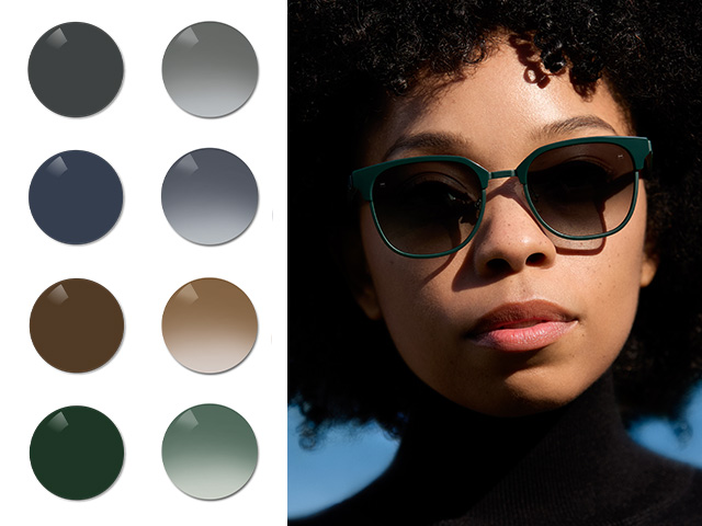 Une jeune femme portant des verres ZEISS Sun Rx en noir dégradé. Les couleurs noir, gris et brun, les teintes pioneer gris-vert unies et dégradées s&apos;affichent ensuite.