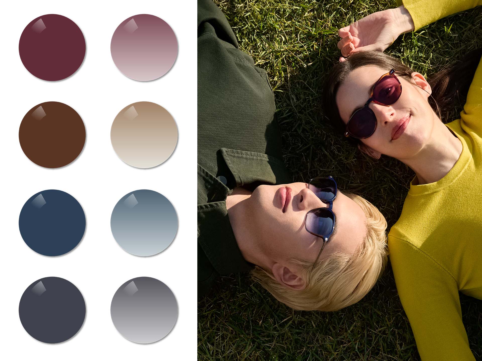 Une homme portant des verres correcteurs ZEISS Sun Rx en dégradé bleu cobalt, et une femme portant des verres de lunettes de soleil correctrices ZEISS en bordeaux uni, allongés sur l’herbe. Les couleurs bordeaux royal, brun ambré, bleu cobalt et gris galaxie en teinte unie et dégradée s&apos;affichent ensuite.