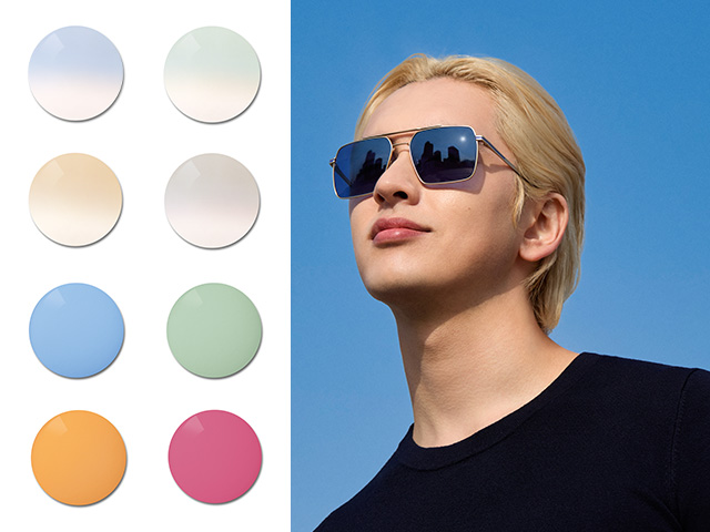 Un jeune homme porte des verres ZEISS Sun Rx en bleu uni. Ensuite, la palette de couleurs des teintes spéciales s’étend des dégradés pastel aux couleurs unies vives et intenses.