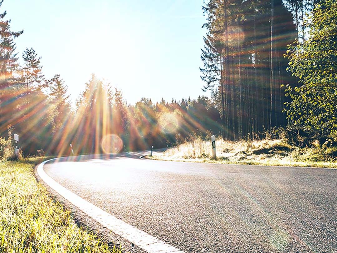 Image coulissante dont la moitié représente une route dans les bois avec une lumière solaire intense, et dont l’autre moitié montre la même route avec un éblouissement réduit et un contraste accru, soulignant l’effet des verres de lunettes de soleil polarisées.