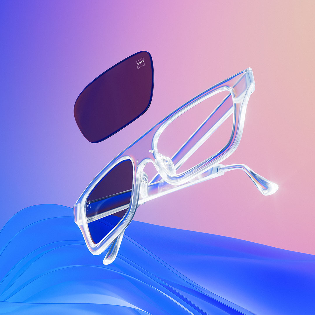 Illustration 3D en images de synthèse d’une monture de lunettes transparente avec des verres teintés.