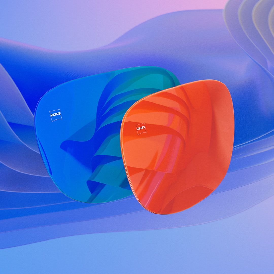 Illustration 3D en images de synthèse de deux verres de lunettes de soleil à traitement miroir bleu et orange.