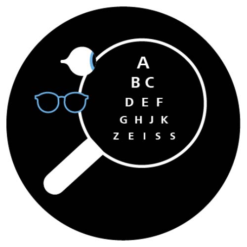 Une illustration avec un œil, une paire de lunettes, une loupe et un arrangement de lettres similaire à un test vision qui forme le mot ZEISS en bas de l’image.