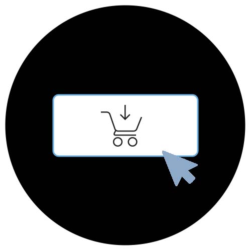 L’illustration montre un curseur de souris sur un rectangle blanc contenant un symbole de panier d’achat en ligne avec une flèche qui pointe dessus.