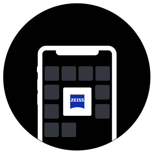 Une illustration d’un smartphone avec des vignettes d’application grises et un grand carré blanc au milieu qui affiche l’appli MyZEISS Vision en couleur.
