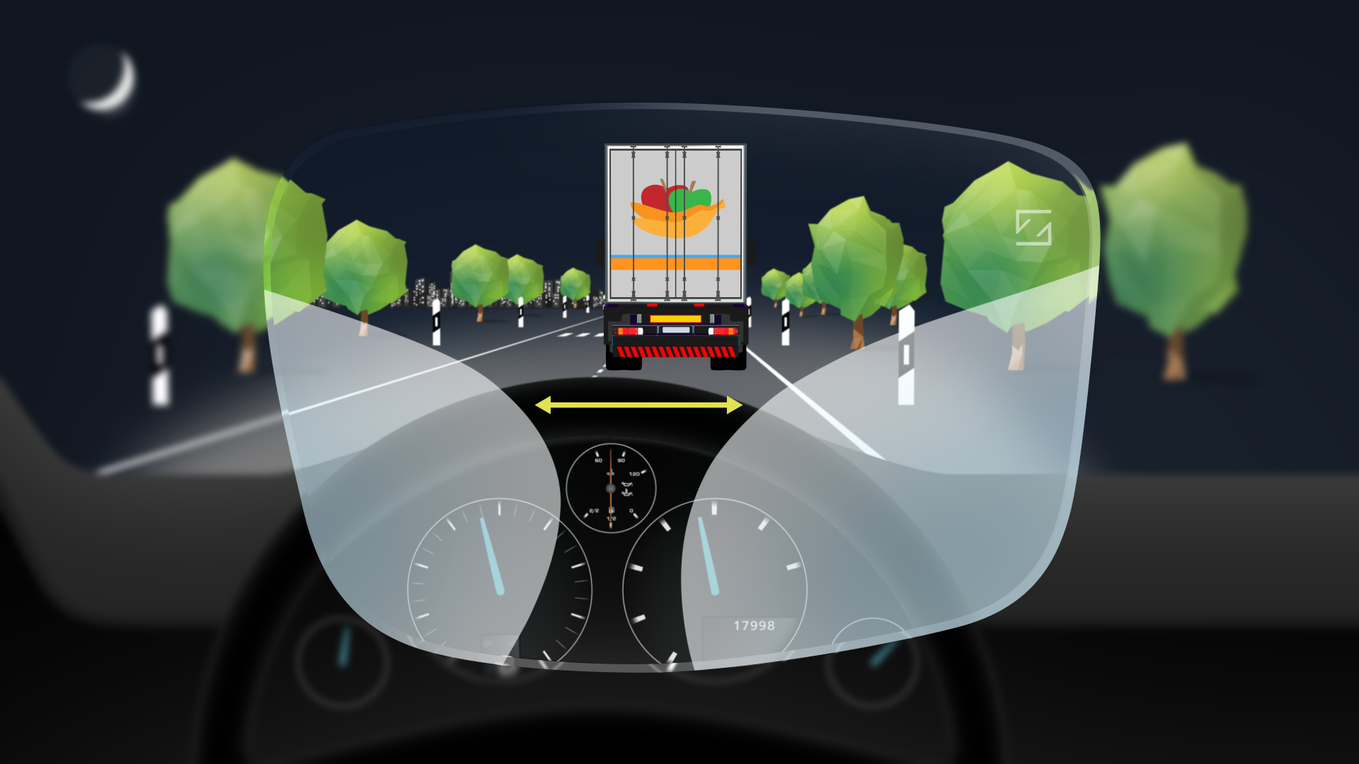 Zone de vision intermédiaire jusqu'à 43 % plus grande** facilitant l'accommodation quand les yeux navigurent entre le tableau de bord et les rétroviseurs. Et une zone de vision de loin jusqu'à 14 % plus grande** assurant une visibilité élargie de la route.