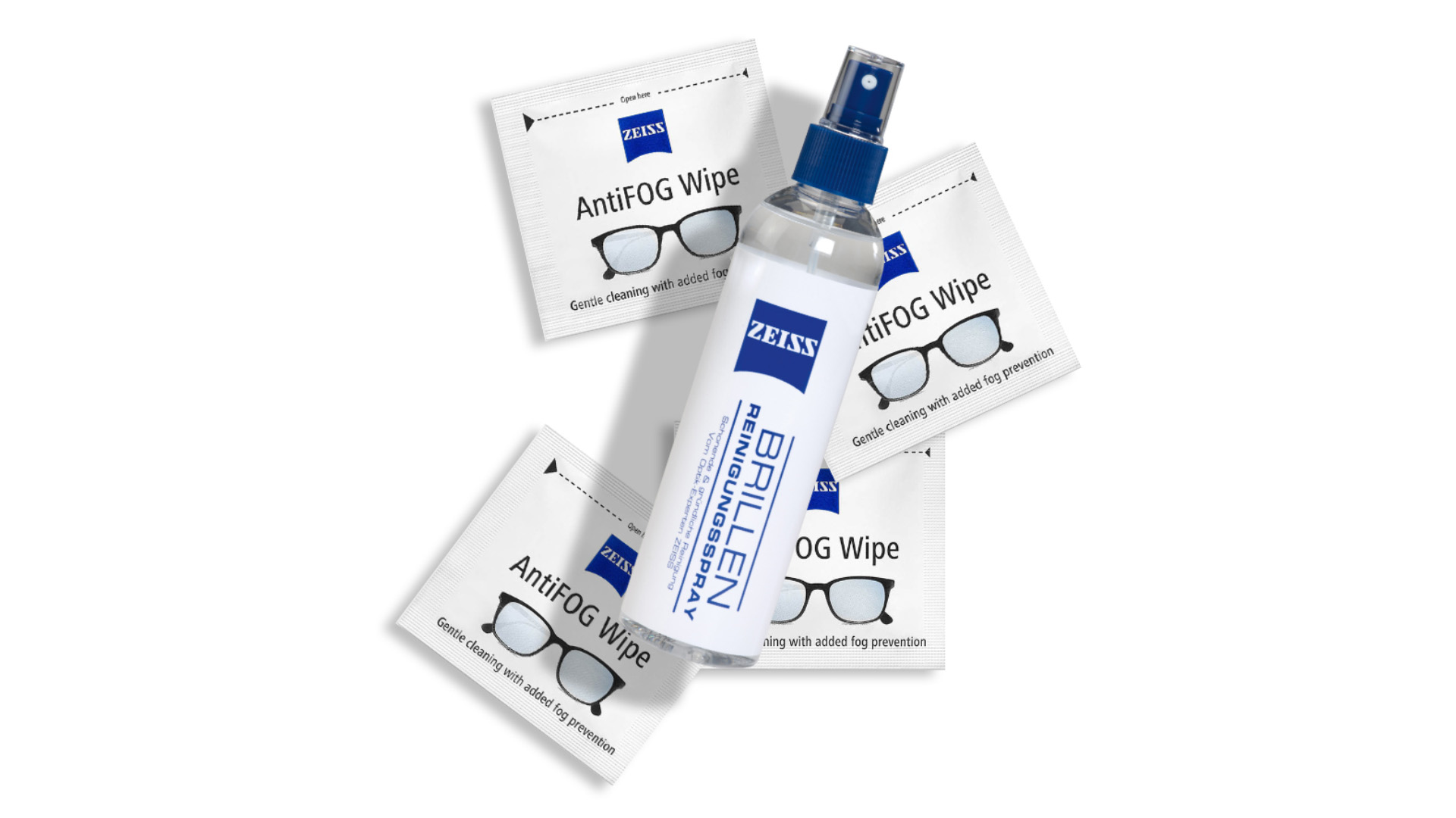 An image of ZEISS lens cleaning wipes and spray.