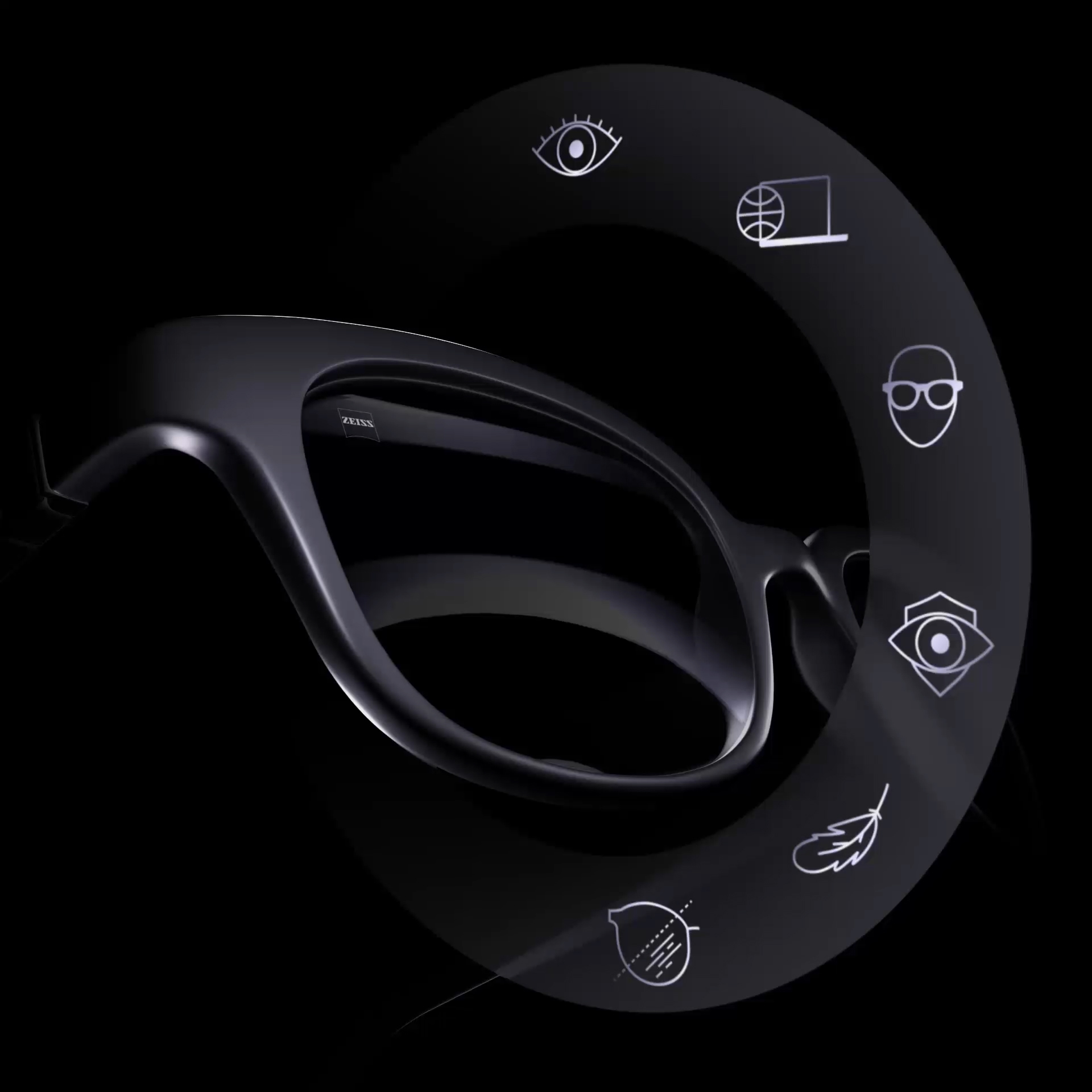 Animation of ZEISS lenses in a black frame with icons representing what makes a good lens.  