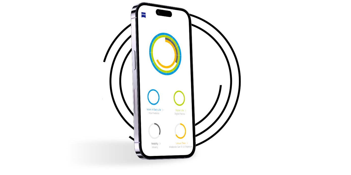 Un smartphone, devant des cercles noirs, montre le profil visuel d’un utilisateur de Mon profil visuel présentant des cercles de différentes couleurs.