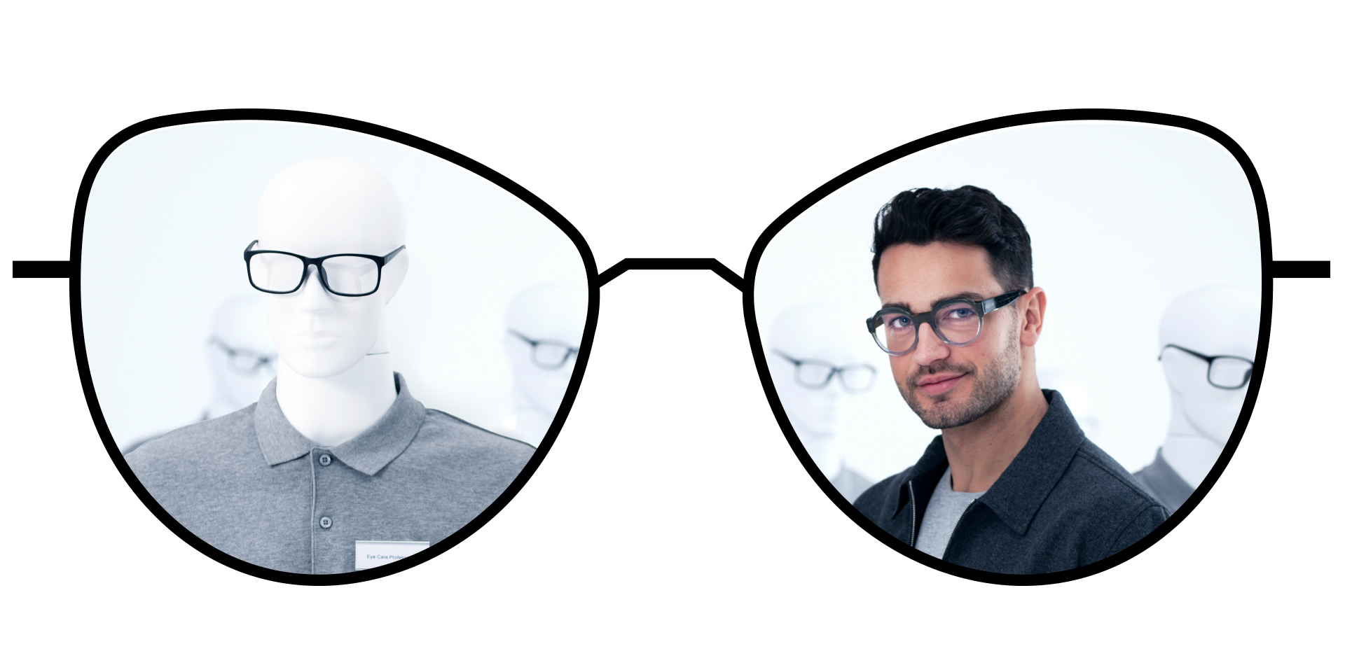 Glasses illustration showing the blurry zones of standard single vision lenses in comparison to the large clear zones of ZEISS Single Vision ClearView lenses.