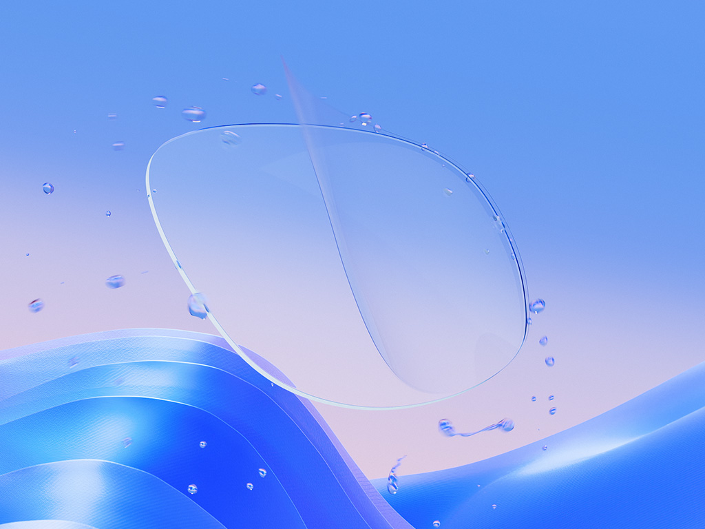 A CGI representation of a clear eyeglass lens with a thin coating layer being applied, effectively repelling water droplets and showcasing the lens&apos;s clarity and protective features.