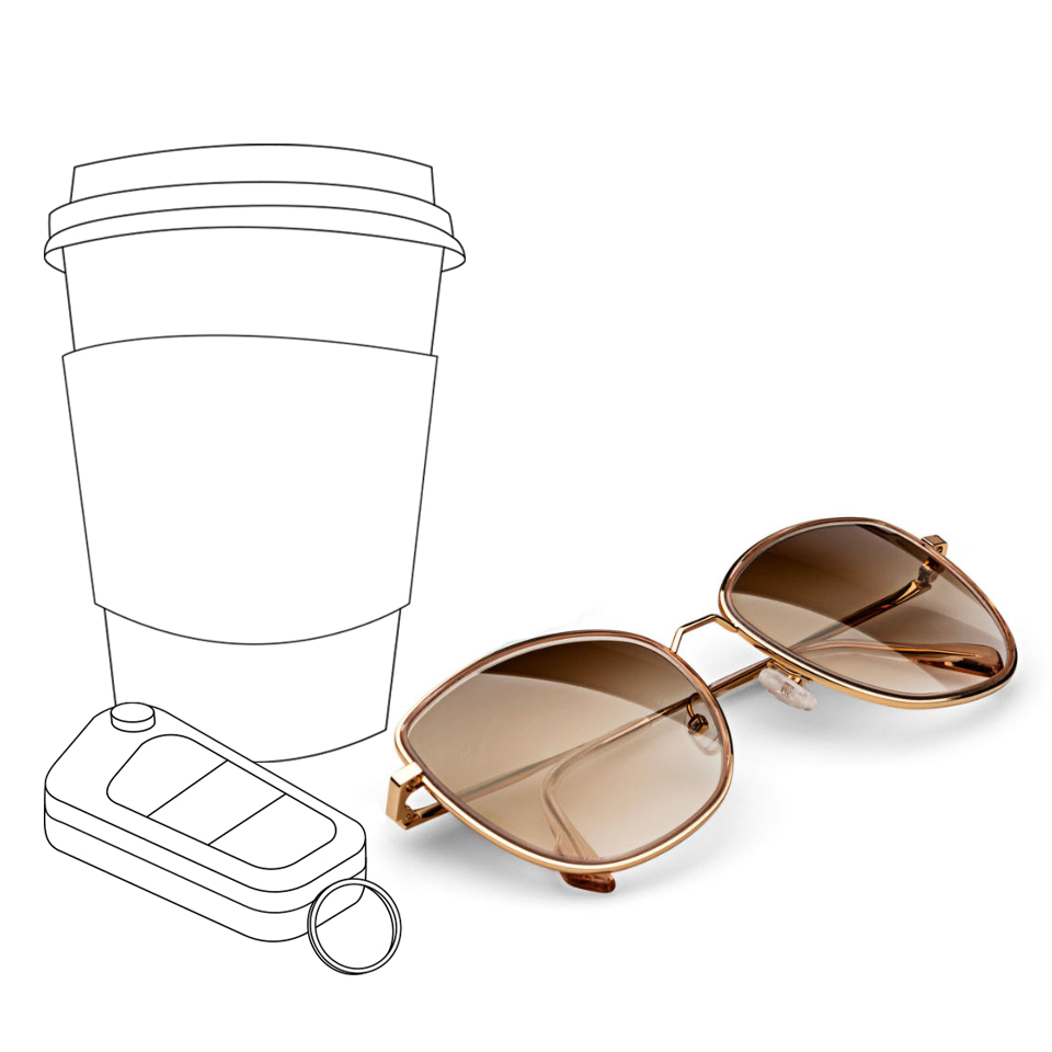 An illustrated coffee cup and car keys next to a real image of ZEISS sunlenses in brown gradient color.