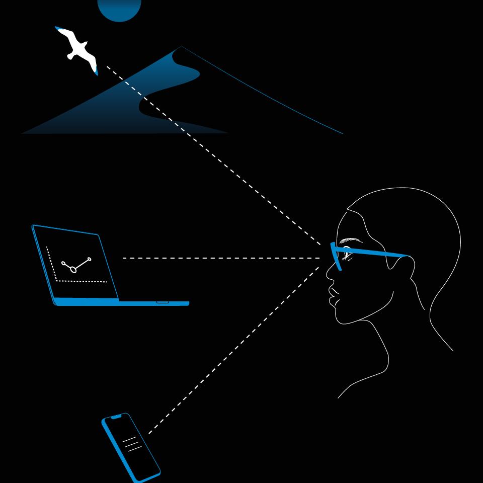 An illustration of a woman wearing glasses, with illustrations on a phone, laptop, and landscape demonstrating the three distance zones supported by progressive lenses.
