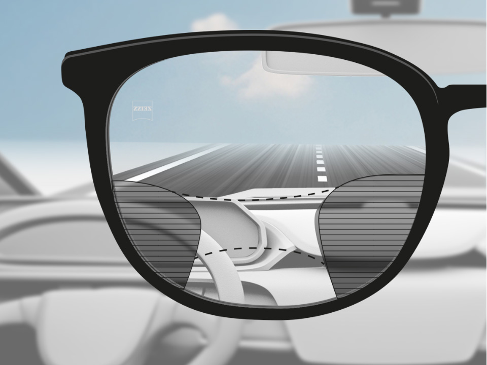 Illustration schématique du point de vue à travers un verre progressif DriveSafe qui montre une large zone de vision de loin (la route), une zone intermédiaire (le tableau de bord) et une zone plus petite pour la zone de près (pas utile dans la voiture).