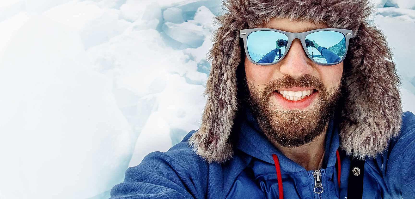 A portrait of a skiing snow man