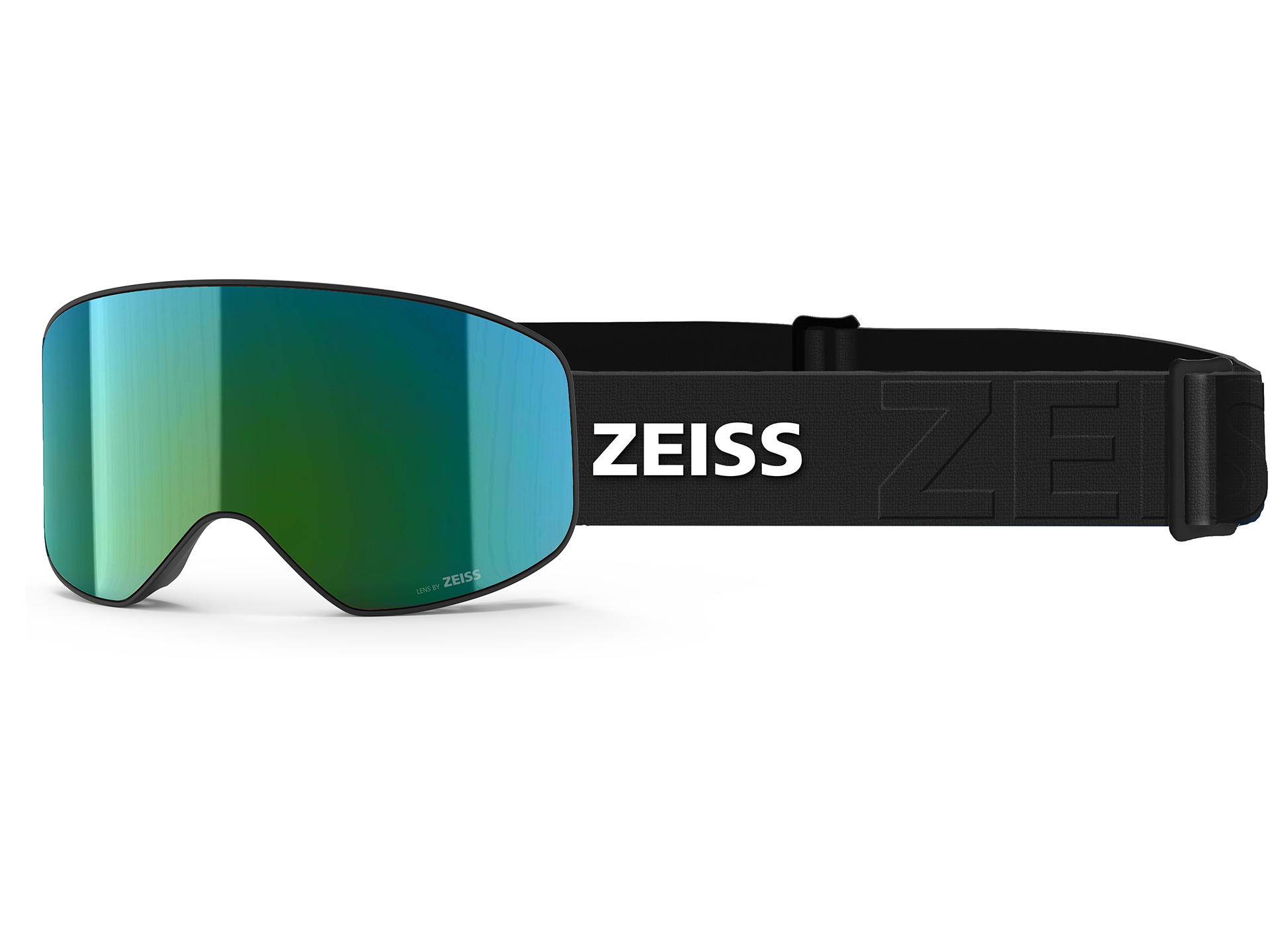 ZEISS snow goggles with a turquoise visor and black strap