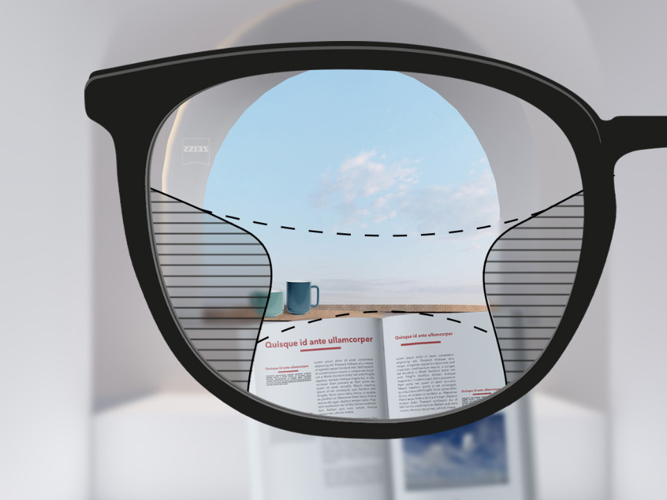 Illustration schématique du point de vue à travers un verre progressif ZEISS Light 2 qui montre des champs de vision de largeur moyenne pour la vue de près (livre) et de loin (ciel) ainsi que des transitions douces entre les zones de flou.