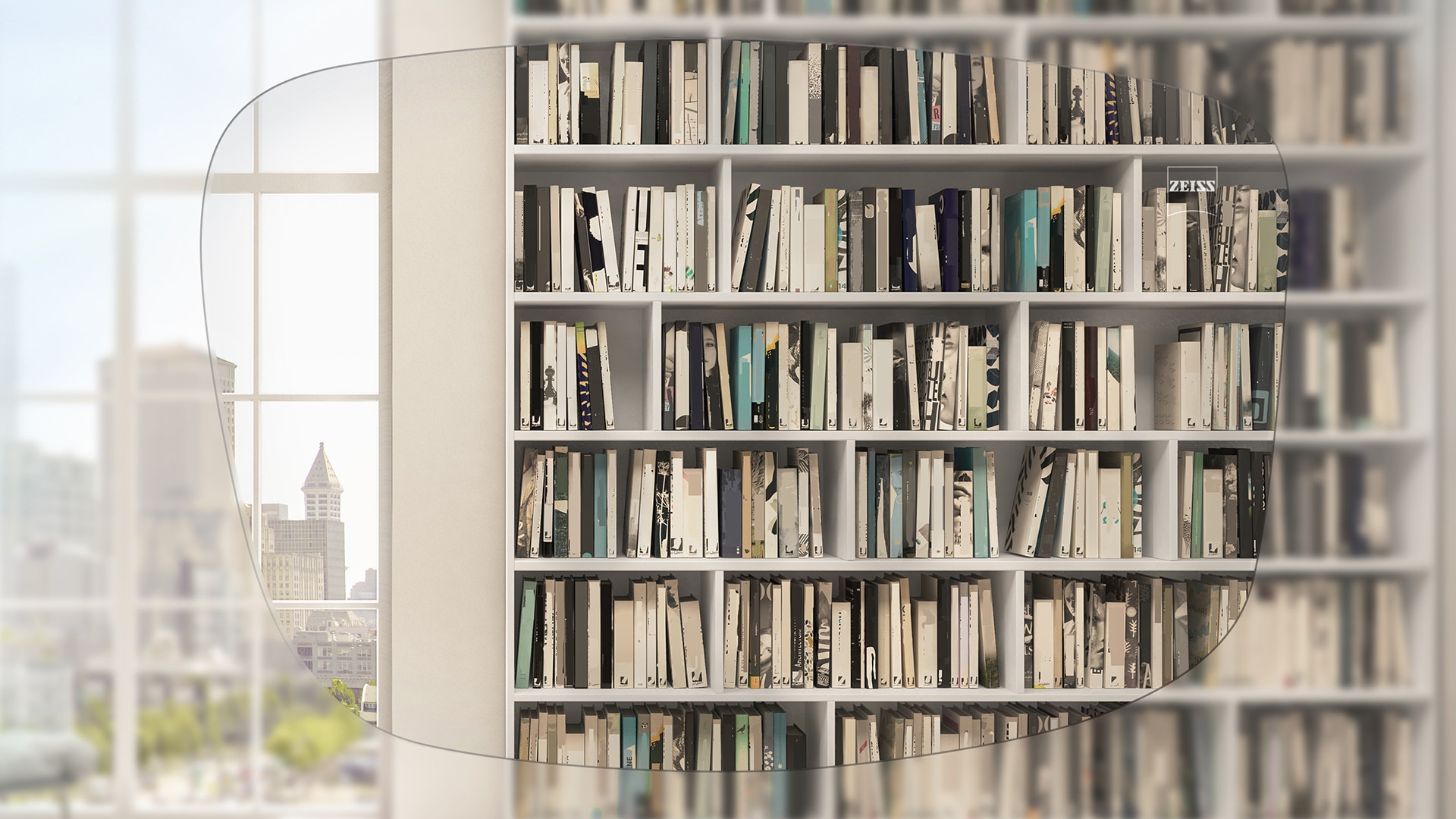 View of a book shelf and window through a ZEISS Single Vision Individual lens 