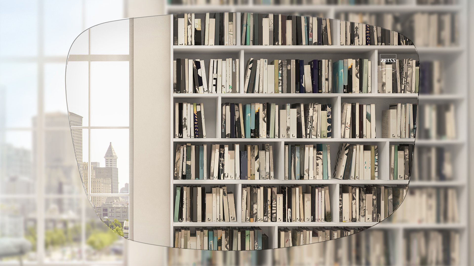 View of a book shelf and window through a ZEISS Single Vision Superb lens 