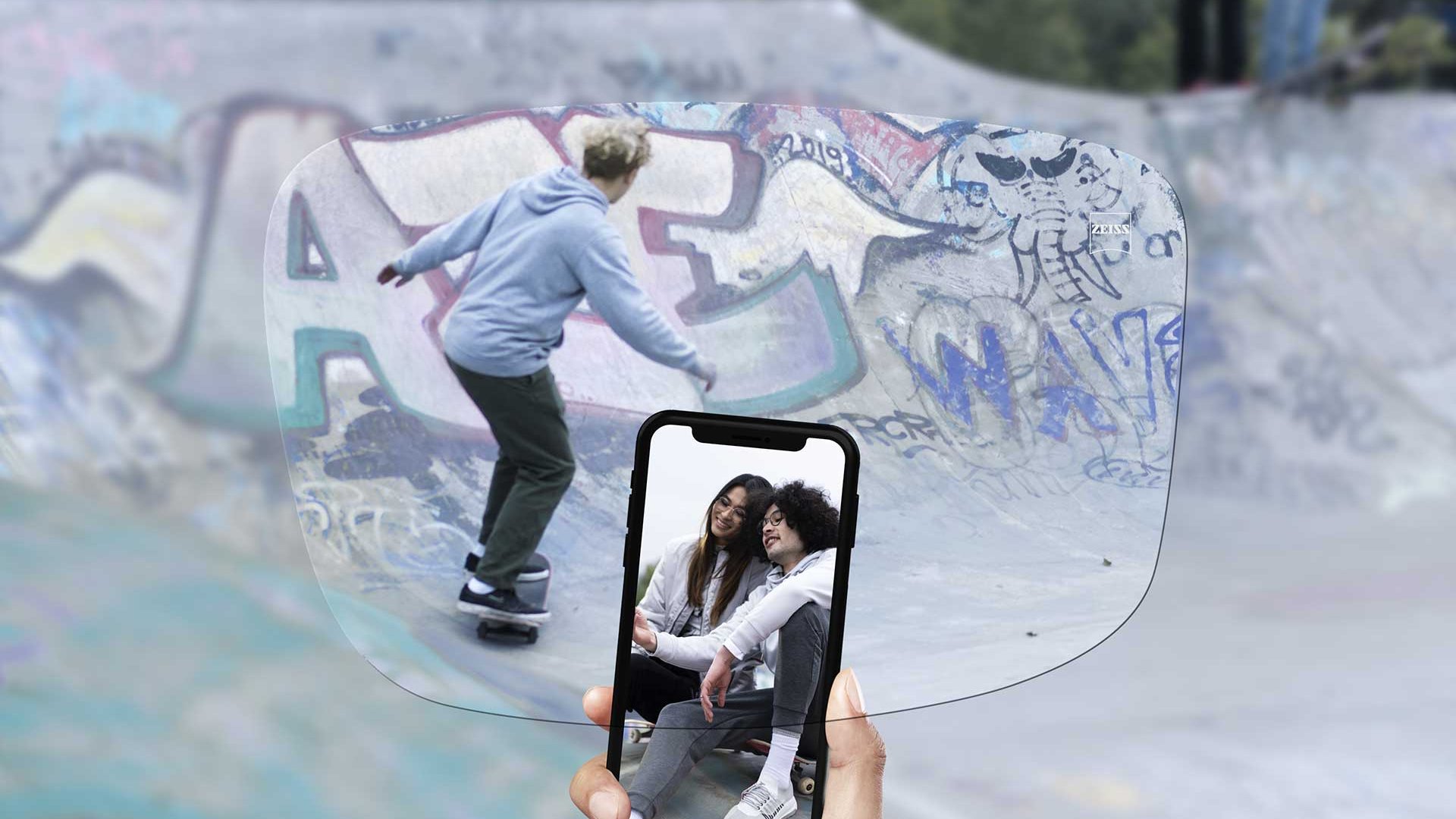 View of a skate park through ZEISS SmartLife Single Vision Individual lenses.
