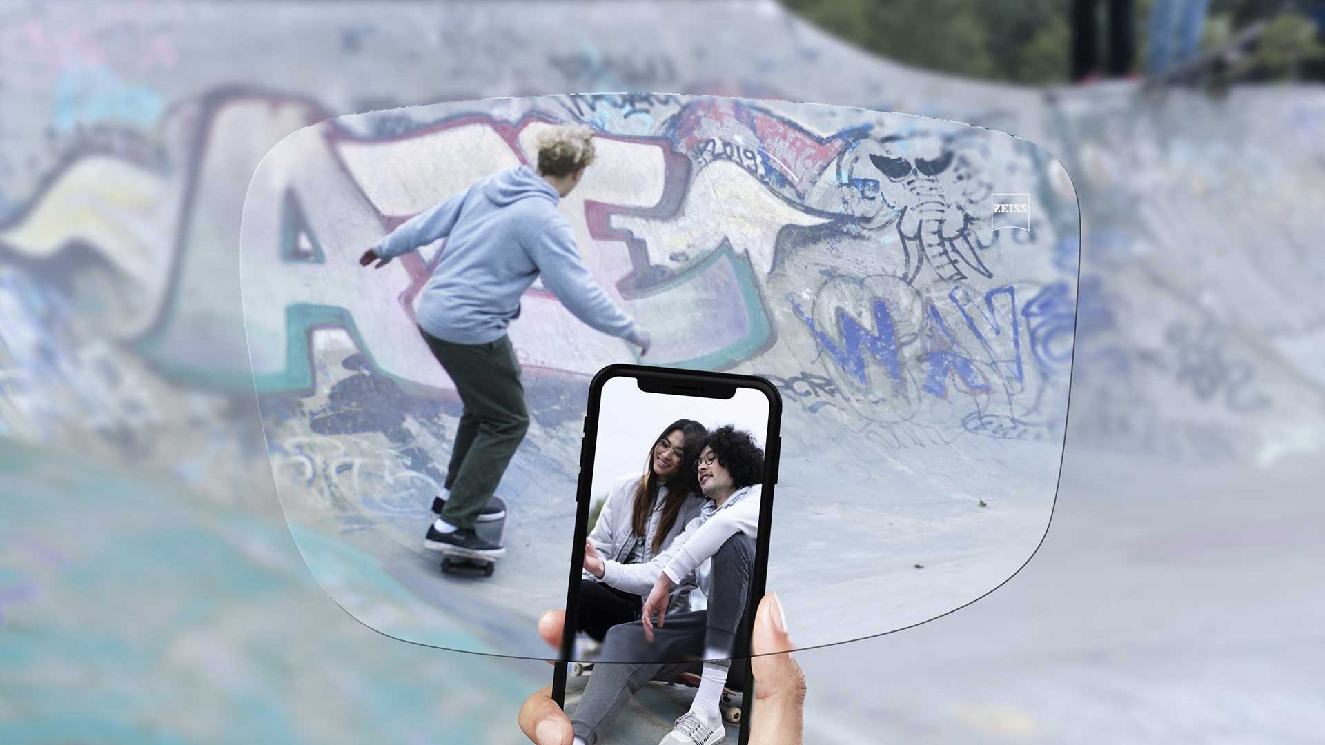 View of a skate park through ZEISS SmartLife Single Vision lenses.