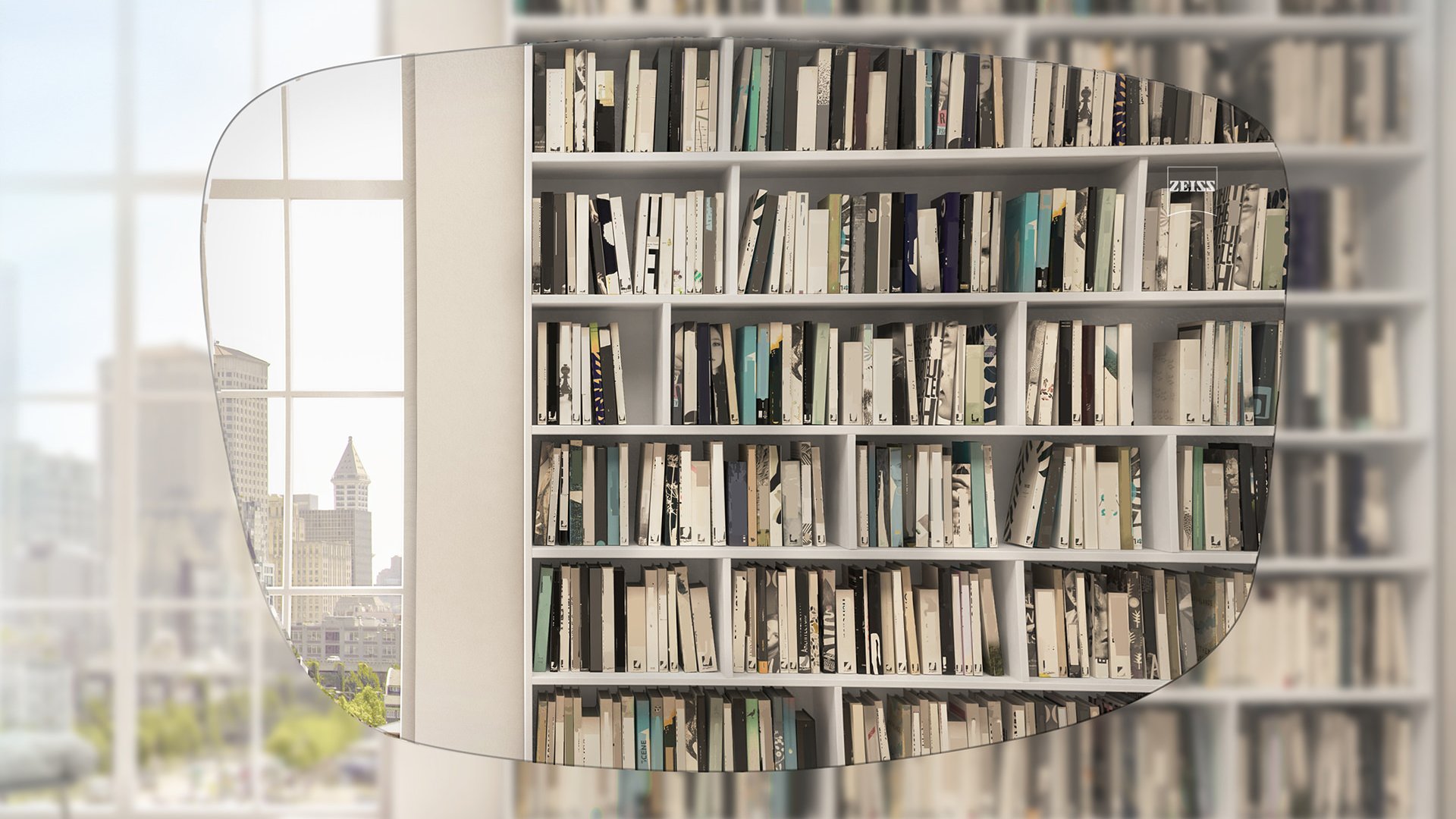 Distorted view of book shelf & window through a lens. ZEISS Single Vision AS lenses offer excellent visual quality. 