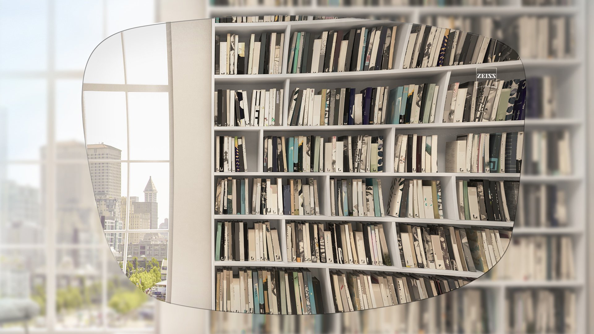 Distorted view of book shelf & window through a lens. ZEISS Single Vision Sph lenses correct ametropia. 