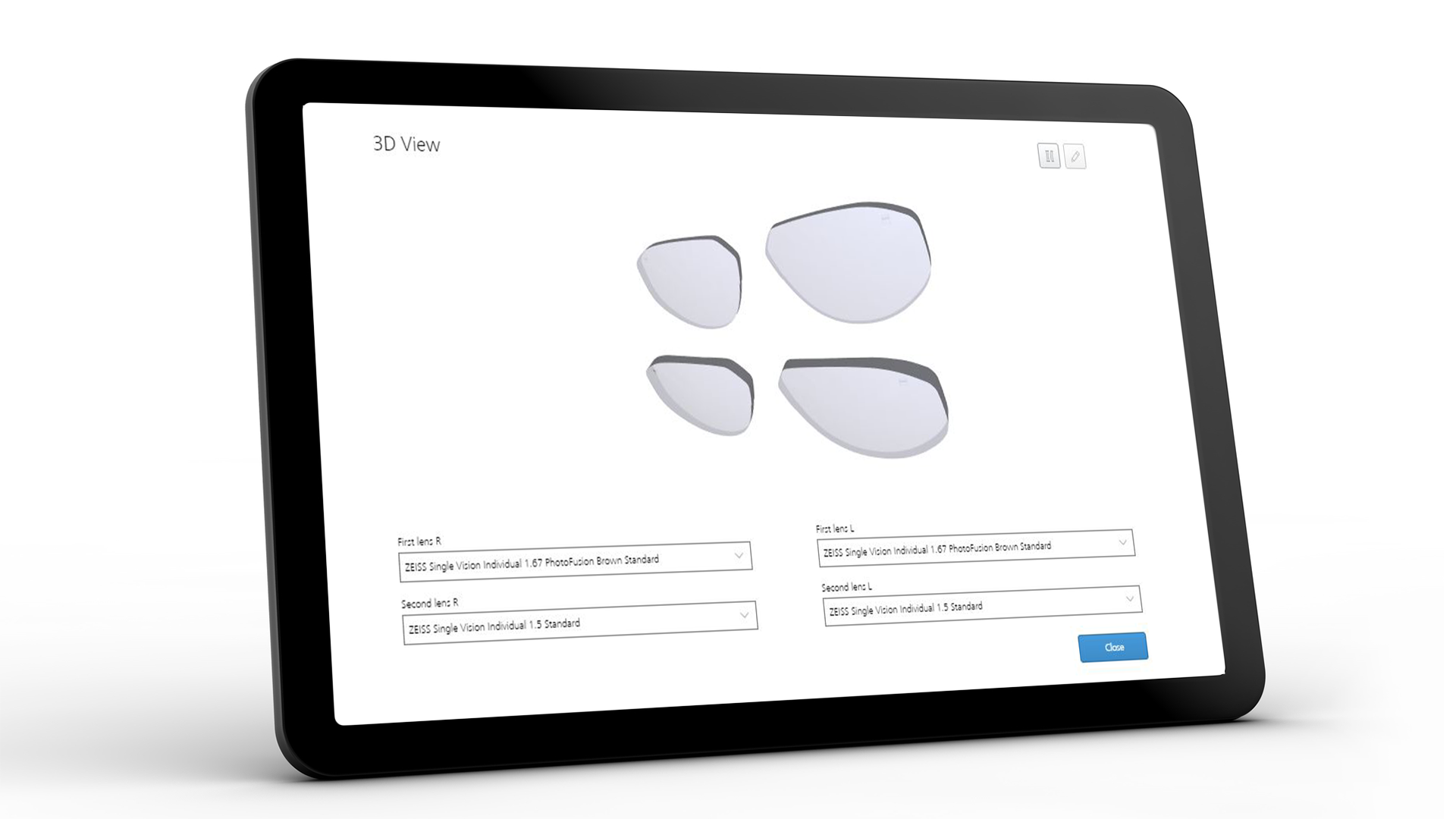 Tablet screen showing the ZEISS VISUSTORE interface for 3D view 