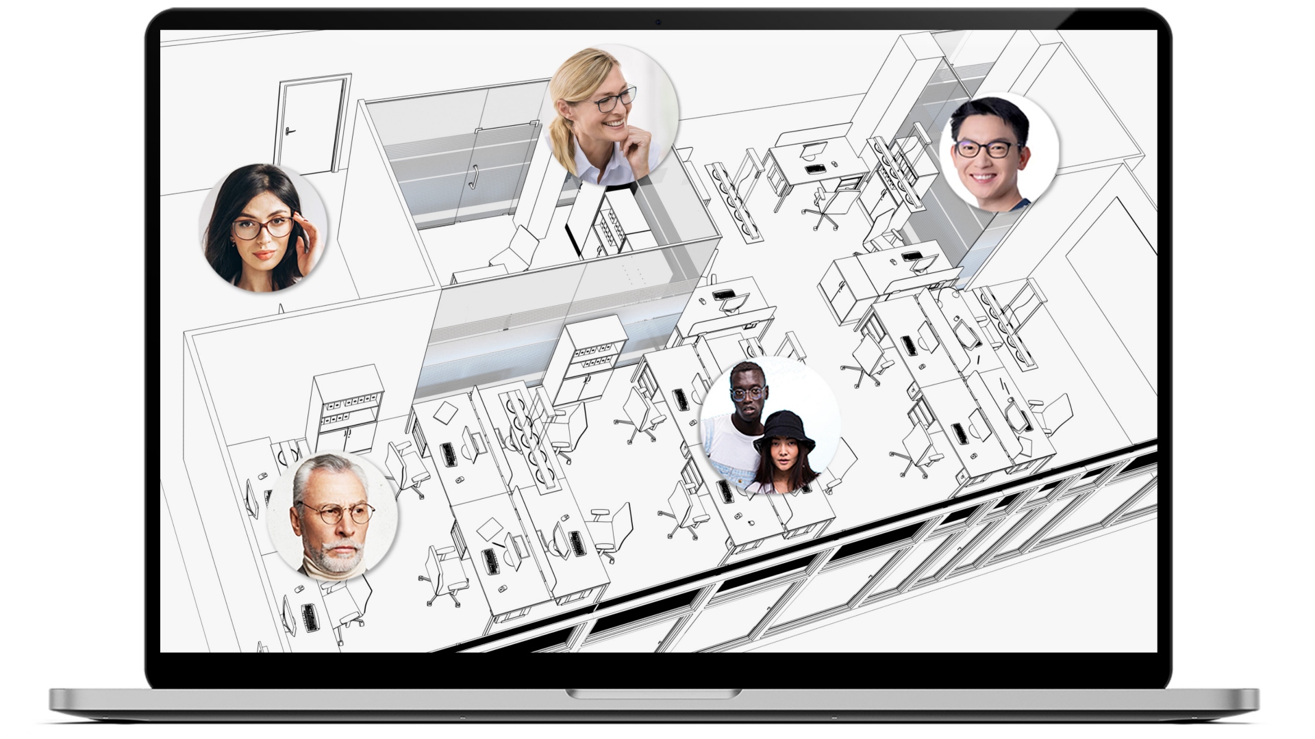Laptop with an office layout drawing on the screen, showing where different co-workers are located. Each area has a small round image of different people, all wearing ZEISS Office glasses.