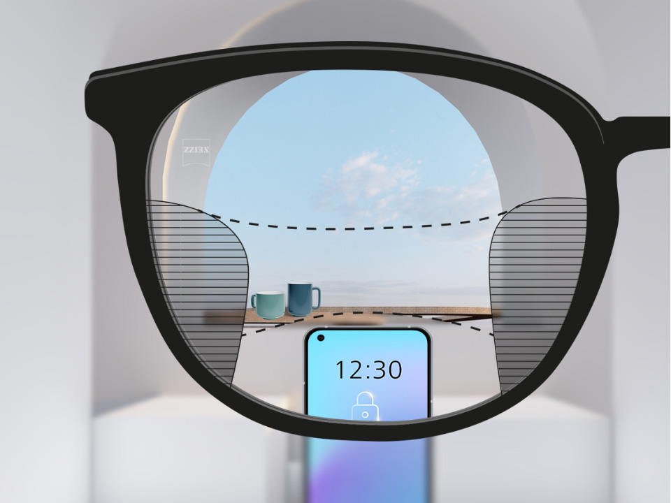 Schematic point-of-view illustration through a SmartLife progressive lens showing three wide vision zones for near (smartphone), intermediate (coffee cups) and distance (sky) vision correction.