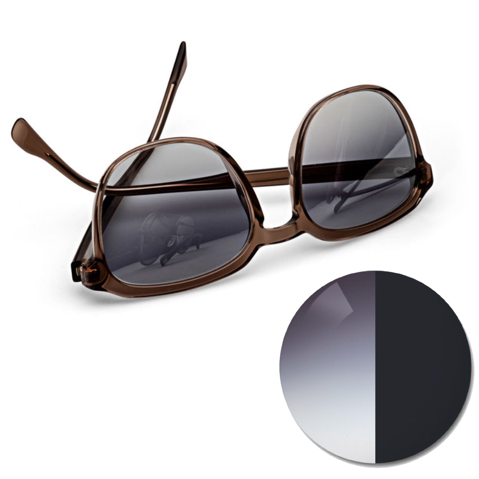 Glasses with ZEISS AdaptiveSun gradient gray and a color dot in light and dark tinted color shade
