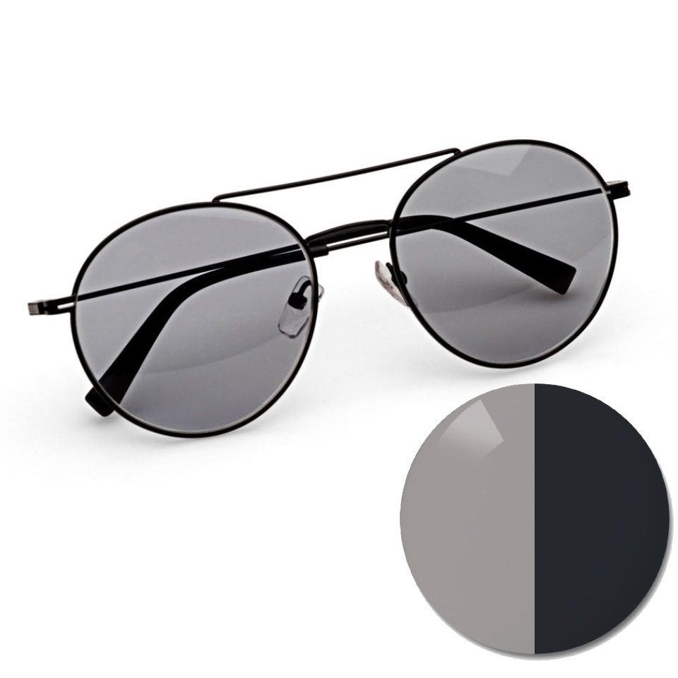Glasses with ZEISS AdaptiveSun solid gray and a color dot in light and dark tinted color shade
