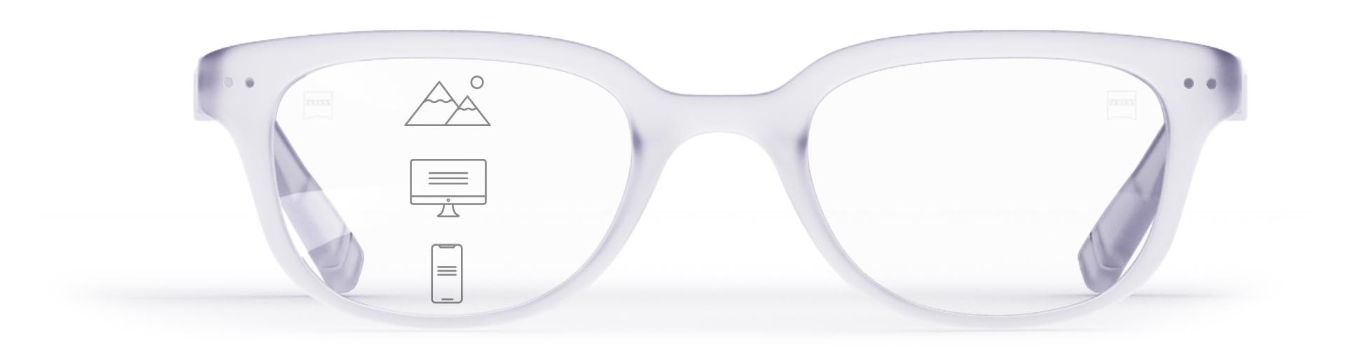 ZEISS Progressive SmartLife lenses in a stylish transparent frame with icons indicating the different viewing zones – near, intermediate and far