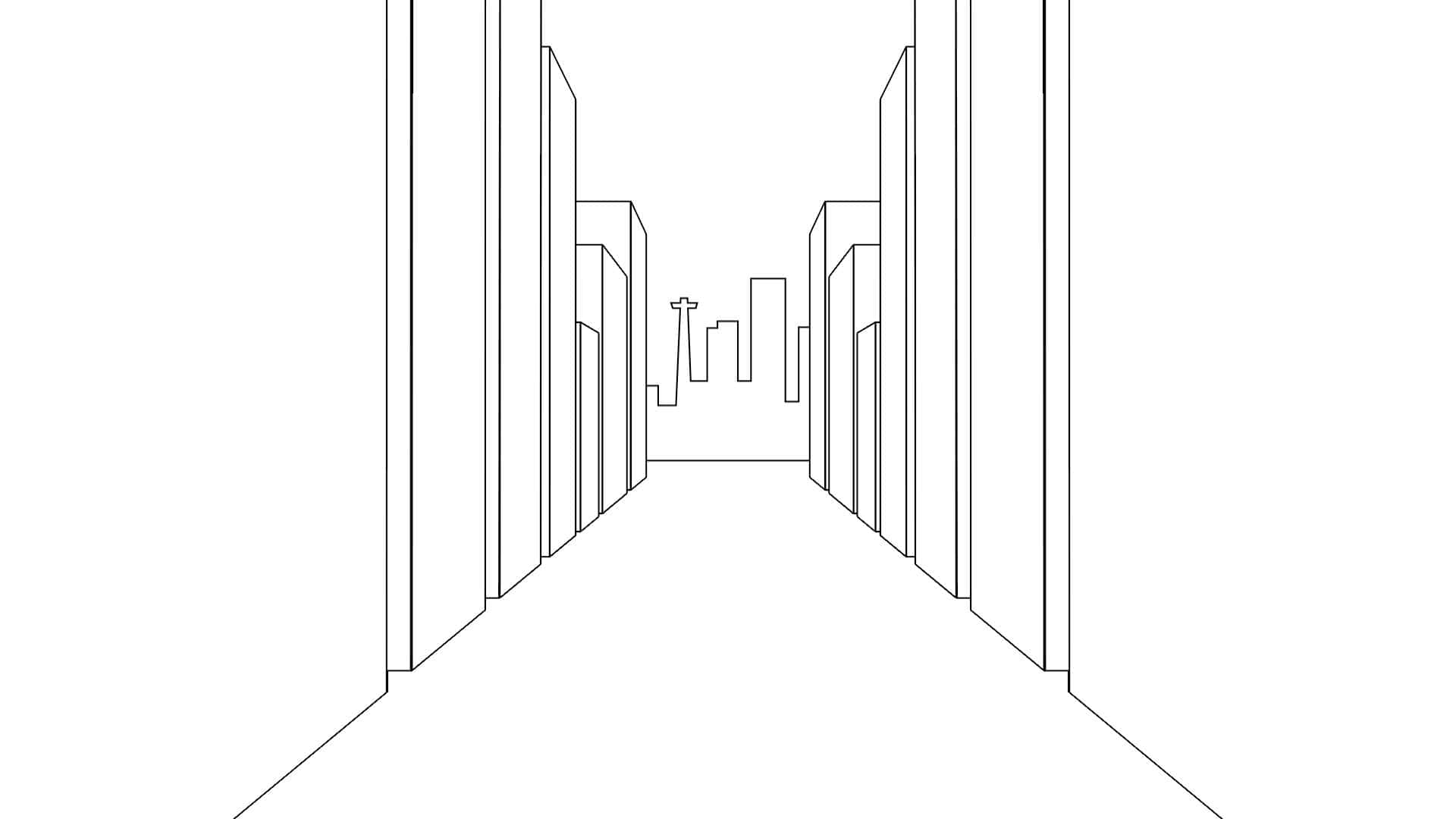 The point of view of someone walking through an illustrated city with a smartphone appearing.