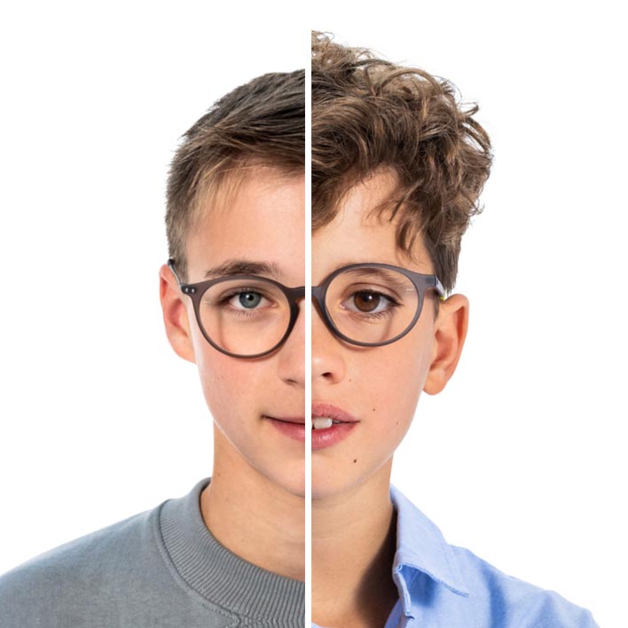 Half of a teen boy’s face next to half of a younger boy’s face, switching to the young boy’s full portrait with a face and frame scan appearing